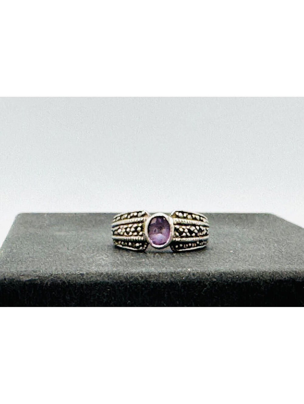 Sterling silver amethyst marcasite ring; size 6.5